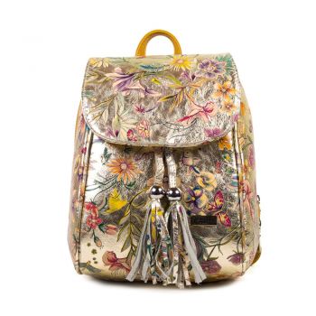 Rucsac Piele, Model Pretta 8108 Auriu Floral-Galben Mustar