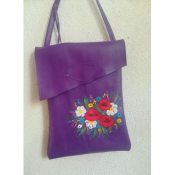 Geanta handmade mov, pictata manual cu motiv floral