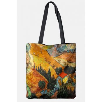 Geanta shopper din material textil, cu imprimeu inspirat dintr-o pictura cu lanuri a lui Van Gogh