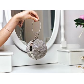 Poșetă clutch rotundă argintie cu pietricele strălucitoare Shiny Star