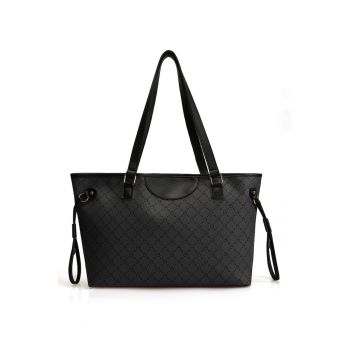 Geanta shopper de piele ecologica cu imprimeu logo - Negru