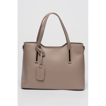 Geanta de piele cu bareta de umar si buzunar exterior cu fermoar - Maro taupe