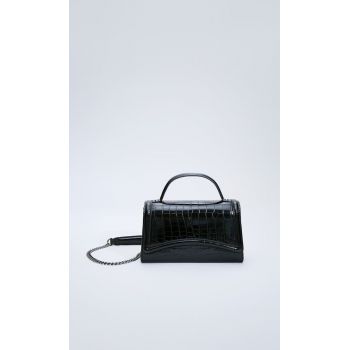 Stradivarius Geantă Crossbody Cu Toartă Și Presaj Piele De Crocodil Negru M