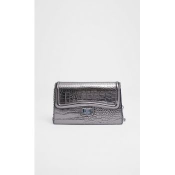 Stradivarius Geantă Crossbody Imitație Crocodil Și Lanț Gri Închis M