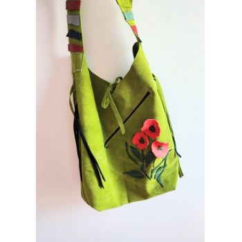Geanta hobo handmade , din piele naturala, cu maci pictati