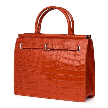 Geanta din piele amprentata cu model crocodil Giulia cognac