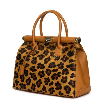 Geanta piele cu par de ponei Bianca cognac/animal print