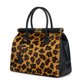 Geanta piele cu par de ponei Bianca negru/animal print