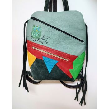 Rucsac handmade unicat multicolor ,din piele naturala,cu bufnita si note muzicale