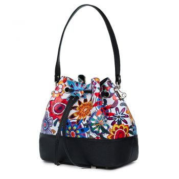 Geanta tip saculet din piele cu model floral Sophia FF5 neagra