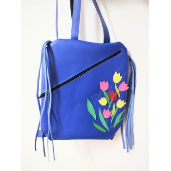 Rucsac handmade albastru electric , cu lalele colorate de firma originala