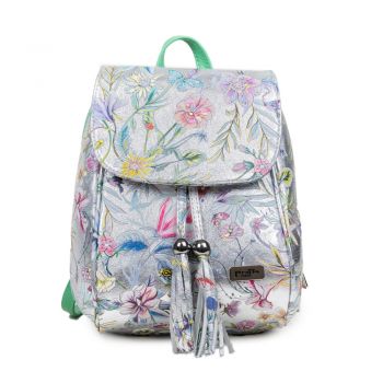 Rucsac Piele, Model Pretta 8108 Argintiu Floral-Verde Deschis