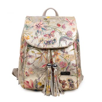 Rucsac Piele, Model Pretta 8108 Auriu Floral-Natural Bej