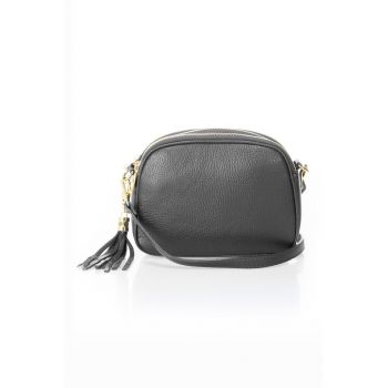 Geanta crossbody din piele cu bareta detasabila - Negru stins