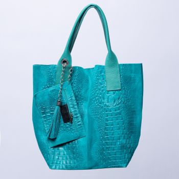 Geanta shopper din piele intoarsa naturala, turquoise