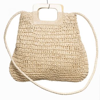 Geanta impletita crossbody, cu manere late din lemn, bej deschis