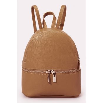 Rucsac de piele cu buzunar frontal cu fermoar - Maro deschis