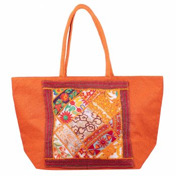 Geanta portocalie din material textil natural tip sac, cu aplicatie unicat, brodata manual