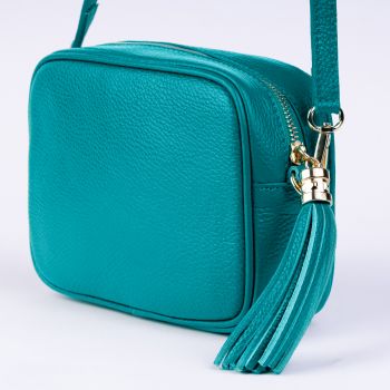 Geanta crossbody turcoaz inchis din piele naturala, cu ciucure din piele