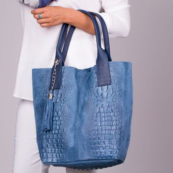 Geanta shopper albastra din piele intoarsa naturala
