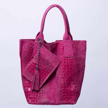 Geanta shopper din piele intoarsa naturala, fucsia