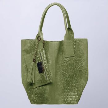 Geanta shopper din piele intoarsa naturala, verde olive