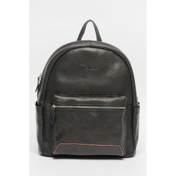 Rucsac de piele cu buzunare multiple - Maro cognac/Negru