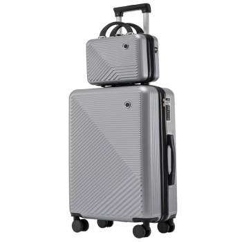 Set troler cabina cu geanta cosmetice, Quasar & Co.®, cifru TSA, 4 roti 360 grade, maner telescopic, 55 x 39 x 23 cm / 22 x 29 x 15 cm, ABS, gri
