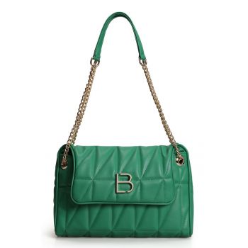 Geanta de piele ecologica cu bareta de umar si aspect matlasat - Verde - 22x30x10