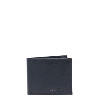 Portofel de piele cu clapa si logo stantat - Bleumarin