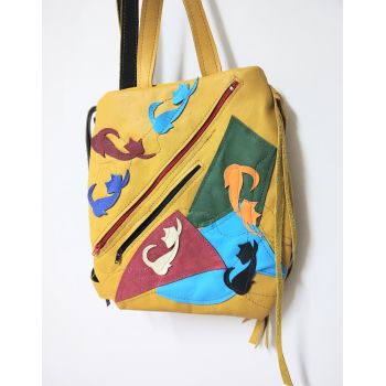 Rucsac multicolor din piele naturala , cu pisicute colorate, unicat de firma originala