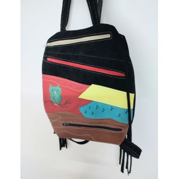 Rucsac handmade unicat,din piele naturala cu bufnita si note muzicale