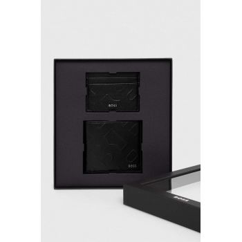 BOSS portofel din piele si suport pentru card culoarea negru