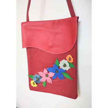 Geanta rosie handmade ,cu aplicatii florale