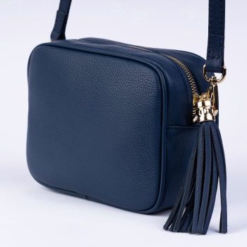 Geanta crossbody bleumarin din piele naturala, cu ciucure din piele de firma originala