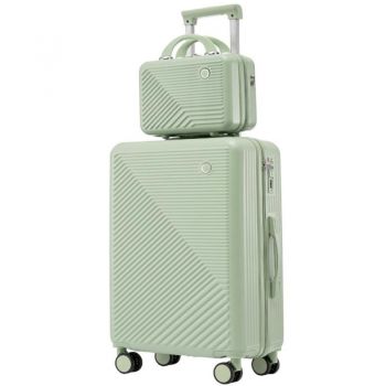 Set troler cabina cu geanta cosmetice, Quasar & Co, cifru TSA, 4 roti 360 grade, maner telescopic, 55 x 39 x 23 cm / 22 x 29 x 15 cm, ABS, verde fistic