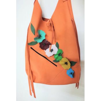 Geanta hobo handmade , din piele naturala portocalie, cu maci colorati