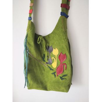 Geanta  hobo din piele naturala olive ,cu pisicute