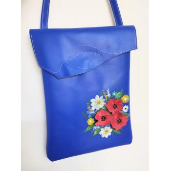 Geanta albastru electric handmade, cu flori pictate ieftina