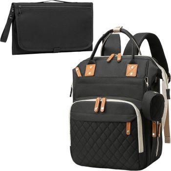 Set geanta/rucsac si saltea pentru infasat, Quasar & Co.®, cu port USB si 14 compartimente, textil, 40 x 30 x 14 cm, negru