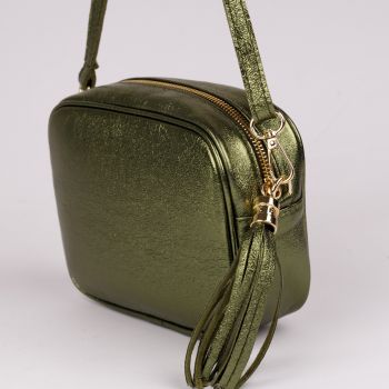 Geanta crossbody verde metalizat din piele naturala, cu ciucure din piele de firma originala