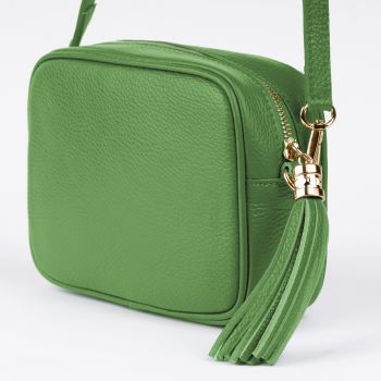 Geanta crossbody verde oliv din piele naturala, cu ciucure din piele ieftina