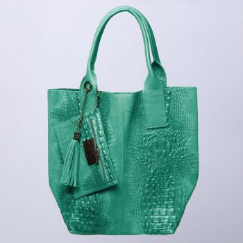 Geanta shopper din piele intoarsa naturala, turquoise