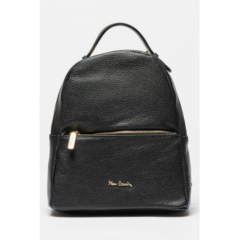 Rucsac din piele cu buzunar frontal cu fermoar - Negru