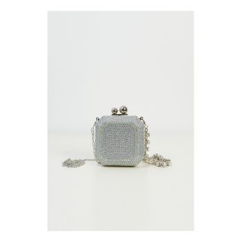 Clutch mic patrat argintiu din strasuri