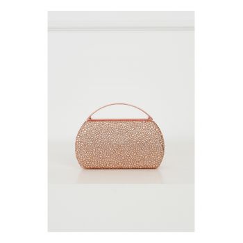 Clutch elegant din strasuri champagne cu maner rotund