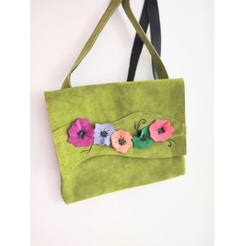 Geanta cu maci, unicat ,din piele naturala olive