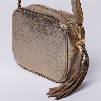 Geanta crossbody aurie inchis din piele naturala, cu ciucure din piele de firma originala