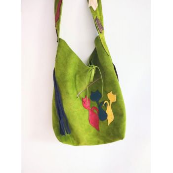 Geanta  hobo din piele naturala olive ,cu pisicute