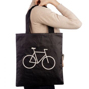 Geanta shopper neagra din material textil, cu imprimeu grafic bicicleta